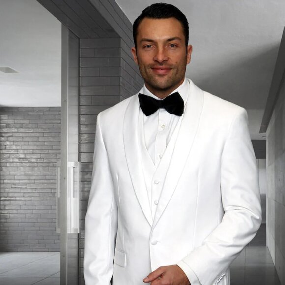 Mens Wool One Button Modern Fit Vested Shawl Prom Tuxedo in White - Picture 1 of 2